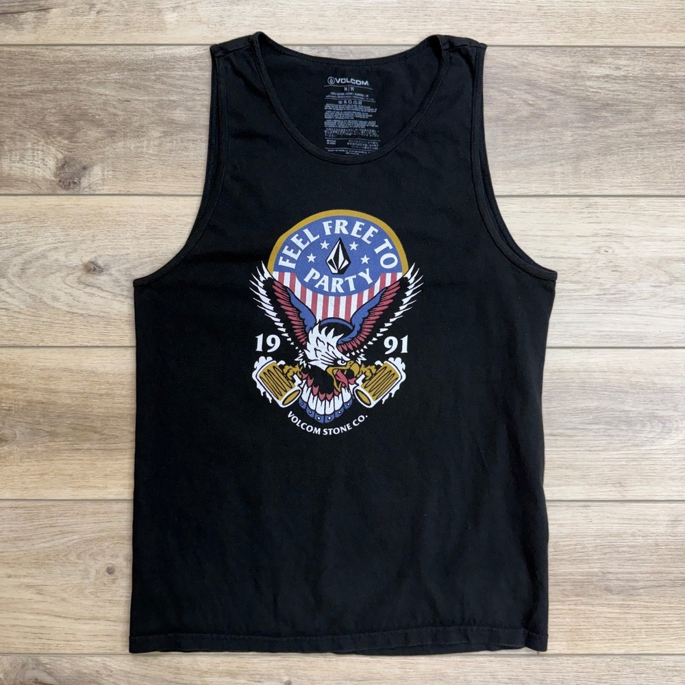 Volcom Feel Free to Party 1991 Black Graphic Tank Top Men's M 4th of‎ July